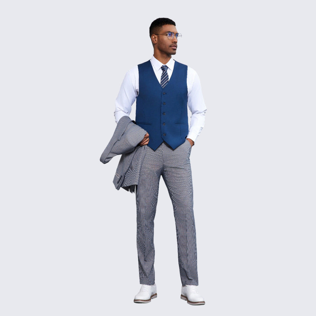 Men's Blue and Grey Glen Plaid Suit Three Piece Set - Wedding - Prom