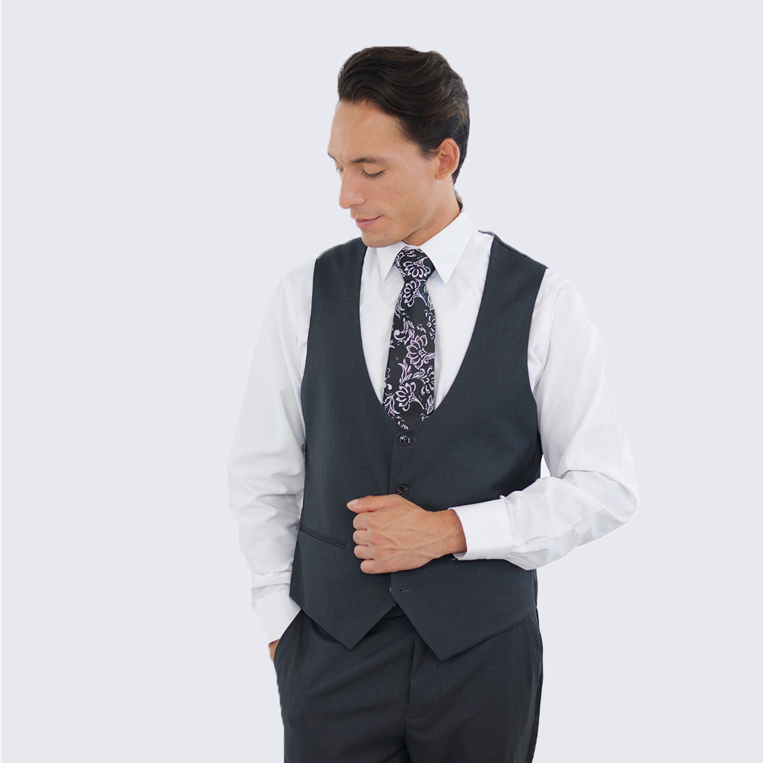 [DISCOUNTED] Charcoal Gray Slim Fit Three Piece Suit with Large Peak Lapel by Stacy Adams - Limited Sizes